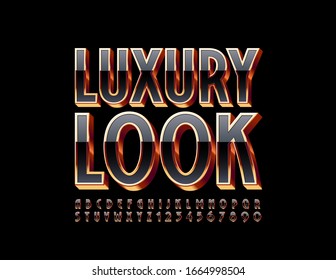Logo del glamour vectorial Lujo. Fuente 3D Negra y Dorada. Letras y números alfabetos de primera calidad