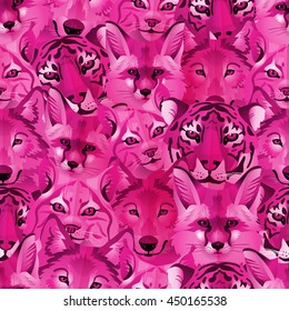 Vector glamour pink seamless zoo pattern with wild animals