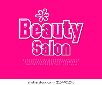 Vector glamour sign Beauty Salon with decorative Flower. Pink glossy Font. Cute Alphabet Letters, Numbers and Symbols set