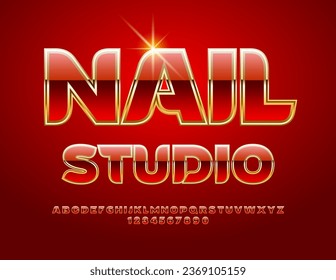 Vector glamour Sign Nail Studio. Red and Golden stylish Font. Chic Alphabet Letters, Numbers and Symbols set