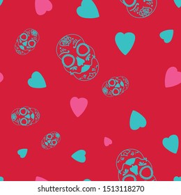 Vector glamourous Halloween seamless pattern with turquoise skull and pink hearts. Perfect for fabric, scrapbooking, wallpaper projects.