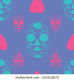 Vector glamourous Halloween seamless pattern with turquoise and pink skull. Perfect for fabric, scrapbooking, wallpaper projects.