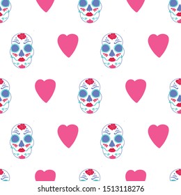 Vector glamourous Halloween seamless pattern with purple, red, pink skull and hearts. Perfect for fabric, scrapbooking, wallpaper projects.