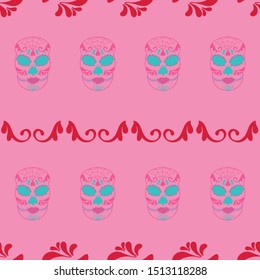 Vector glamourous Halloween seamless pattern with turquoise, red, pink skull. Perfect for fabric, scrapbooking, wallpaper projects.