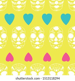 Vector glamourous Halloween seamless pattern with white skull and pink, turquoise hearts, yellow background. Perfect for fabric, scrapbooking, wallpaper projects.