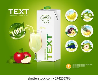 Vector glass of apple juice and juice packaging. Vector fruits icon
