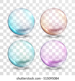 Vector glass ball with air bubbles inside. Blue, red, green and purple glass balls isolated on transparent background.