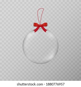 Vector Glass Ball. Ball, A Toy For The Christmas Tree. Glass Ball Png. Ball With A Red Bow. Vector Image.