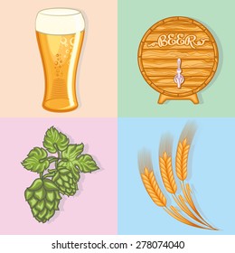 Vector glass of beer, barrel, hop and wheat