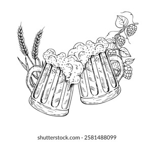 Vector Glass of beer with cap of foam and common hop. Graphic ink ale illustration, organic Humulus lupulus branch with leaves and cones isolated on background. Hand drawn line sketch. For designers