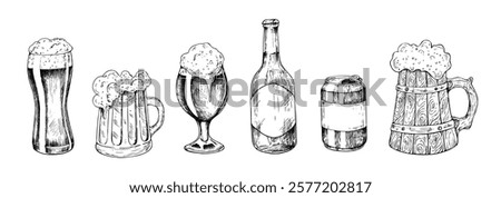 Vector Glass of beer with cap of foam. Graphic ink ale illustration isolated on background. Hand drawn line sketch. For designers, prints, logo, menu, postcards, wrapping paper, holiday, covers