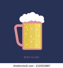 Vector glass of beer on a blue background. Minimal flat icon