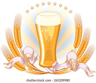Vector glass of beer and wheat decorative emblem