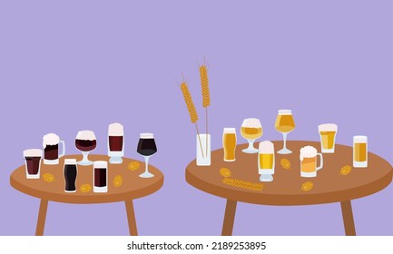 Vector of glass of beers on the table with hobs and malts. 