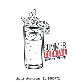 Vector glass of bloody mary cocktail with celery and lime in retro hand drawn style. Retro illustration summer alcohol drink.