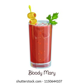 Vector glass of bloody mary cocktail with celery and olives isolated on white. Color illustration summer alcohol drink.