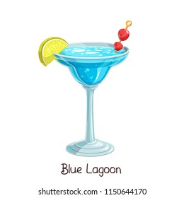 Vector glass of blue lagoon cocktail with slice lemon and cherry isolated on white. Color illustration summer alcohol drink.