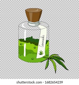 Vector glass bottle with cannabis leaf extract. Handwritten tag, wooden cork. Medical cannabis illustration isolated on white
