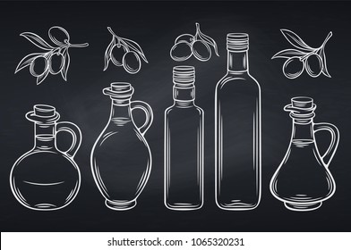 Vector glass bottle, Jug of olive oil and olives with leaves. Illustration outline Chalkboard style.