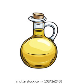 Vector glass bottle jug of olive oil. Illustration in retro sketch style.