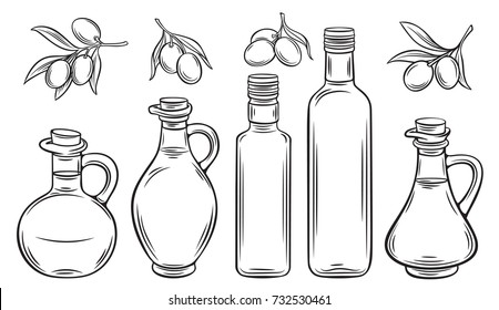 Vector glass bottle, Jug of olive oil and olives with leaves. Illustration outline in retro sketch style. 