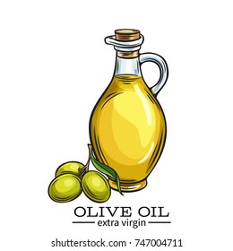 Vector glass bottle jug of olive oil and olives with leaves. Illustration in retro sketch style.