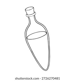 Vector glass bottle with liquid drawn in minimal graphic line style. Outline linear illustration of Potion for alchemy symbols, potion illustrations, fantasy designs, icons, tattoos, posters.