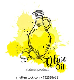 Vector glass bottle of olive oil and olives with leaves. Illustration outline in retro sketch style. Watercolor design.