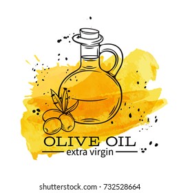 Vector glass bottle of olive oil and olives with leaves. Illustration outline in retro sketch style. Watercolor design.