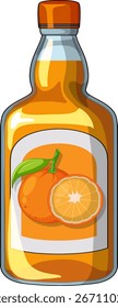 Vector of glass bottle with orange juice, labeled with whole and sliced oranges, bright colors.