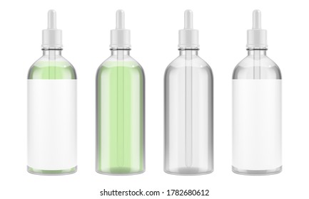 Vector glass bottle with a pipette for serum or other liquid. Transparent packaging for cosmetics. EPS 10