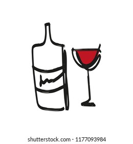 Vector glass and bottle of red wine set, hand drawn sketch