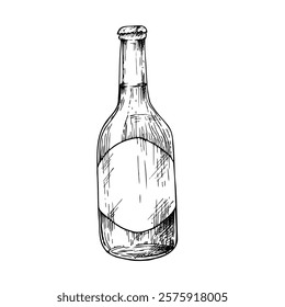 Vector Glass bottle of soda, beer. Graphic ink ale illustration isolated on background. Hand drawn line sketch. For designers, prints, logo, menu, postcards, wrapping paper, holiday, covers