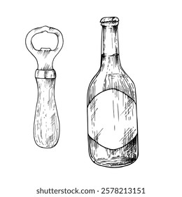 Vector Glass bottle of soda, beer. Graphic ink wooden bottle opener illustration isolated on background. Hand drawn line sketch. For designers, prints, logo, menu, postcards, wrapping paper, holiday