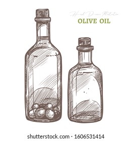 Vector glass bottles with cork caps with olive oil and olives. Mediterranean italian or greek food  agriculture ingredient. Hand drawn sketch illustration in etching or engraved style