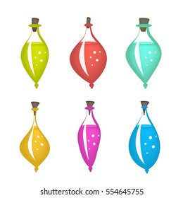 Vector glass bottles with different color potions