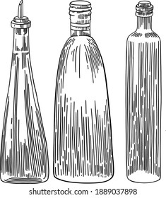 Botellas de vidrio vectorial en el estilo de tinta dibujada a mano, grabando aisladas en blanco.