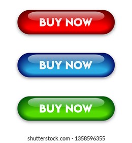 Vector glass "buy now" buttons in red, green and blue isolated on white background. 3d set of shiny buttons. Web interface elements for e-shop and landing page. (Free font used - "Lemon/Milk bold")