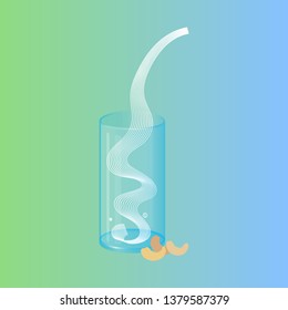 Vector glass of cashew milk with nuts. Vegan alternative organic milk splash pour in glass. Non dairy drink. Isolated transparent illustration. Healthy food, diet and nutrition concept