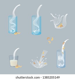 Vector glass of cashew milk with nuts. Vegan alternative organic milk splash pour in glass. Non dairy drink. Isolated transparent illustration. Healthy food, diet and nutrition concept