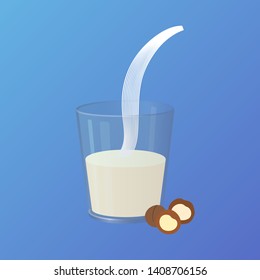 Vector glass of cashew milk with nuts. Vegan alternative organic milk splash pour in glass. Non dairy drink. Isolated transparent illustration. Healthy food, diet and nutrition concept