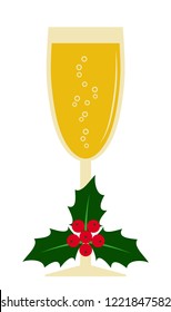 vector glass of champagne and holly isolated on white background