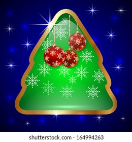 Vector Glass Christmas Tree with  Ball and Snowflakes On Blue Background