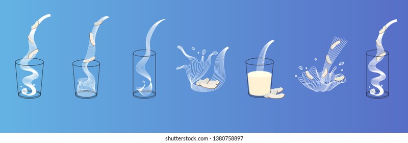 Vector glass of coconut milk with nuts. Vegan alternative organic milk splash pour in glass. Non dairy drink. Isolated transparent illustration. Healthy food, diet and nutrition concept