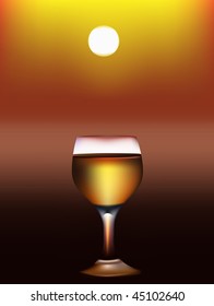 Vector glass with cognac against the coming sun