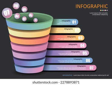 Vector glass cone infographic divided into 7 layers, 7 steps, colorfully divided layers with text boxes on dark gray background to present financial, education or business information.