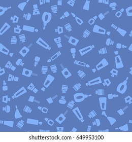Vector Glass Cosmetic Bottles Seamless Pattern Isolated on Blue Background