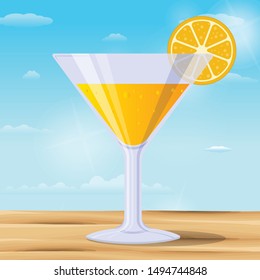 Vector glass of Cosmopolitan cocktail garnished with slice of lime with sky background