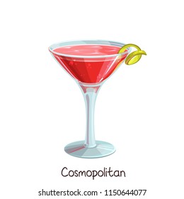 Vector glass of Cosmopolitan cocktail with lime slice isolated on white. Color illustration summer alcohol drink.