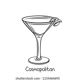 Vector glass of Cosmopolitan cocktail with lime slice in hand drawn style. Retro illustration summer alcohol drink.